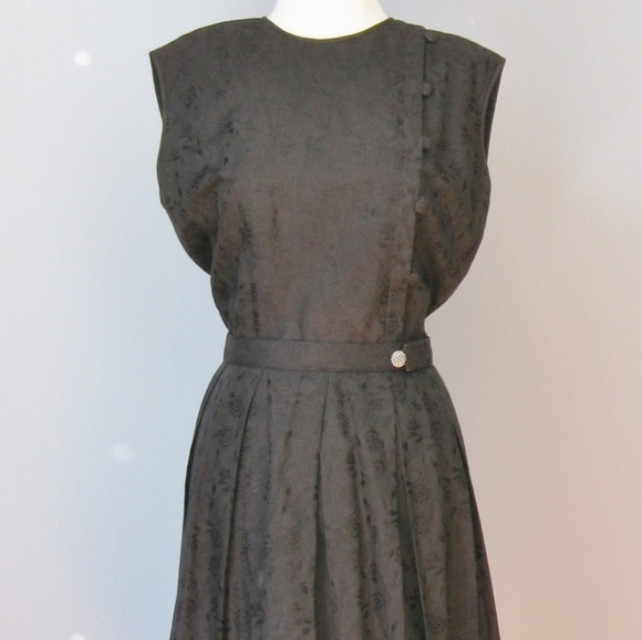 Vintage 1950's silk jacquard little black dress M - Picture 4 of 7